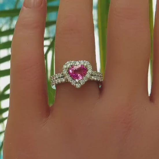 Platinum Heart Cut Natural Pink Sapphire Engagement Ring Set with Heart Shaped Diamond Halo (SSR-5336)