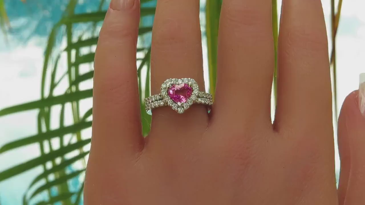 Platinum Heart Cut Natural Pink Sapphire Engagement Ring Set with Heart Shaped Diamond Halo (SSR-5336)