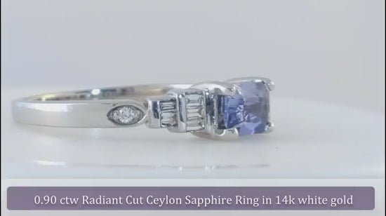 Petite east west set blue sapphire ring with baguette diamonds in 14k white gold
