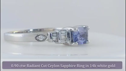 Petite east west set blue sapphire ring with baguette diamonds in 14k white gold