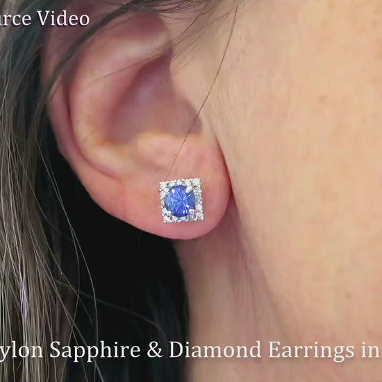 5mm Round Ceylon Natural Sapphire and Diamond Halo Earrings in 14k white gold (GE-5115)