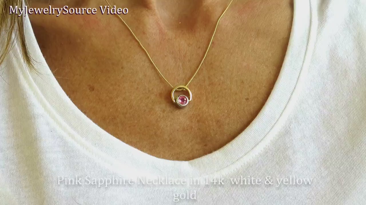 Bezel Set Natural Pink Sapphire Solitaire Pendant in 14k two tone Gold (SSP-5056)