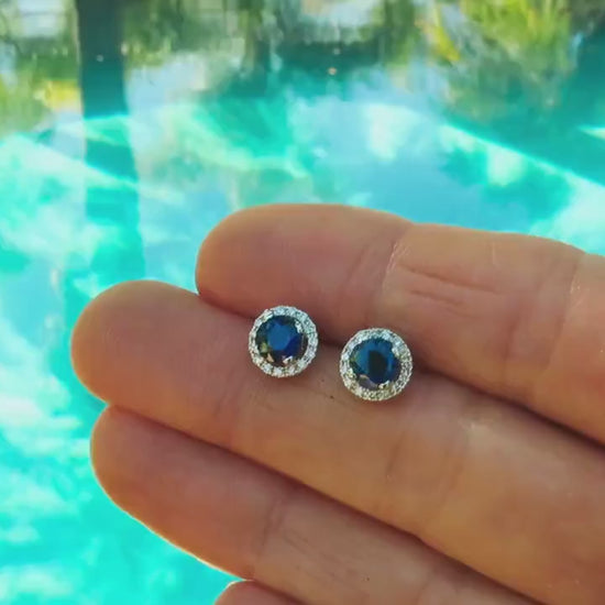 Round Natural Blue Sapphire Diamond Earrings in 14k white gold (SSE-5085)