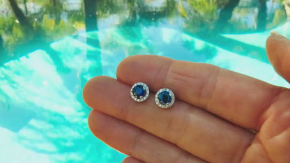 Round Natural Blue Sapphire Diamond Earrings in 14k white gold (SSE-5085)