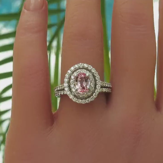 Natural Peachy Pink Sapphire Double Diamond Halo 14k White Gold Ring (SSR-5192)