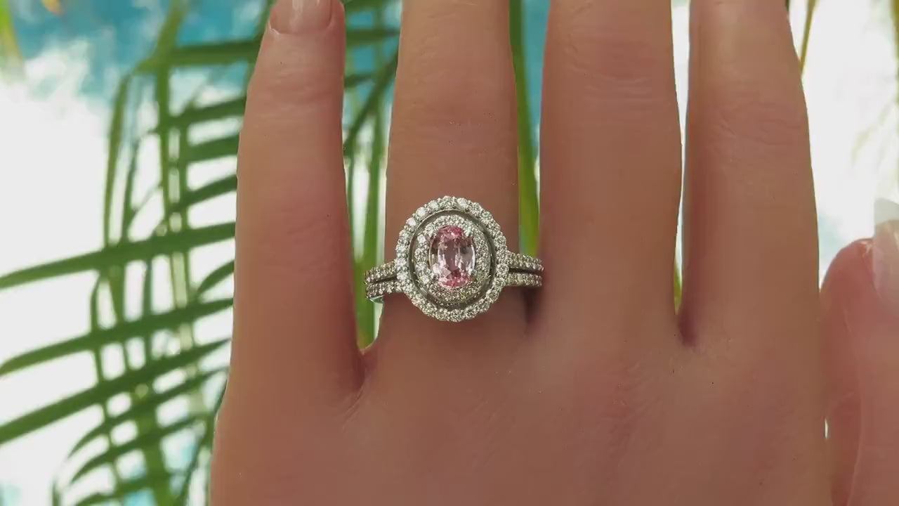 Natural Peachy Pink Sapphire Double Diamond Halo 14k White Gold Ring (SSR-5192)