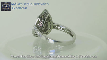 Large double diamond halo ring featuring light pink sapphire in a pear shape on a turntable