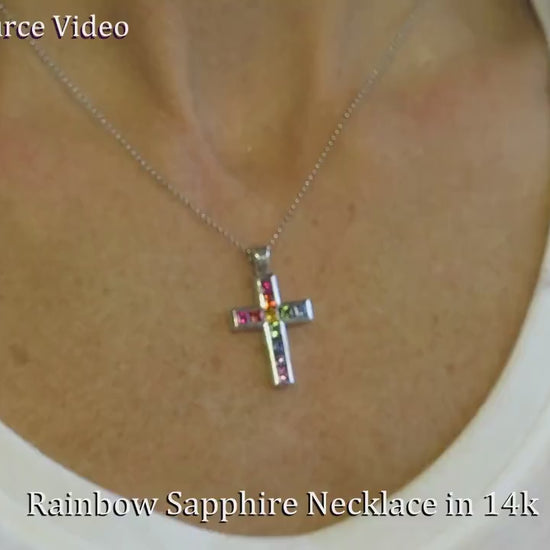 Natural Princess Cut Rainbow Sapphire Cross Pendant Necklace in solid 14k white gold (SSP-5076)