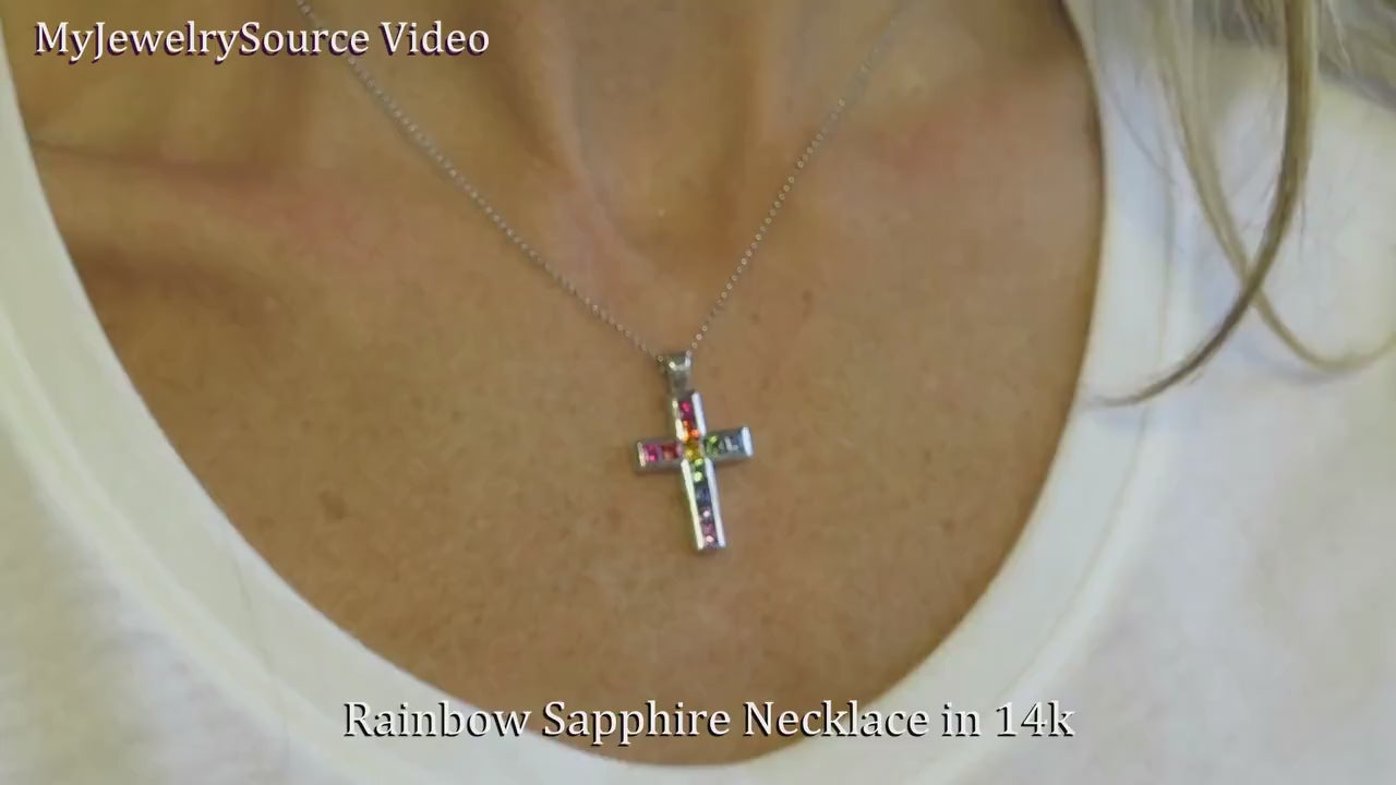 Natural Princess Cut Rainbow Sapphire Cross Pendant Necklace in solid 14k white gold (SSP-5076)