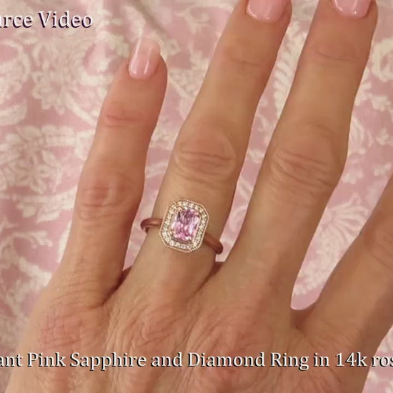 Natural Radiant Cut Pink Sapphire and Diamond Halo Ring in 14k Rose Gold (SPR-144)