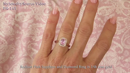Natural Radiant Cut Pink Sapphire and Diamond Halo Ring in 14k Rose Gold (SPR-144)