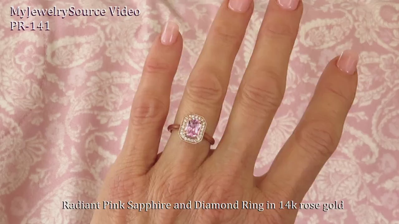 Natural Radiant Cut Pink Sapphire and Diamond Halo Ring in 14k Rose Gold (SPR-144)