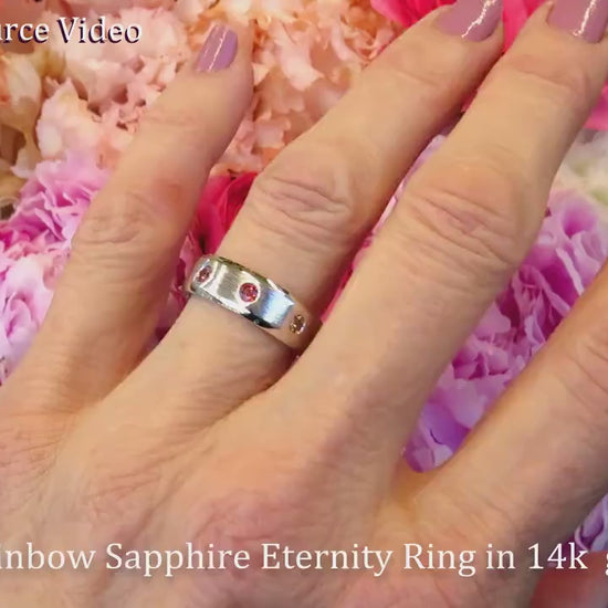 Natural Multi Color Rainbow Sapphire Eternity Band Burnished Ring in 14k white gold for sale