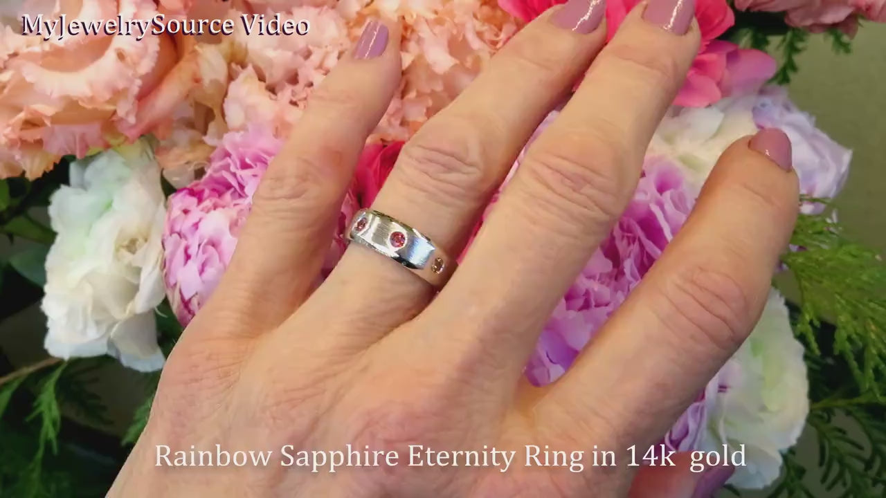Natural Multi Color Rainbow Sapphire Eternity Band Burnished Ring in 14k white gold for sale