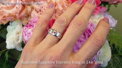 Natural Multi Color Rainbow Sapphire Eternity Band Burnished Ring in 14k white gold for sale