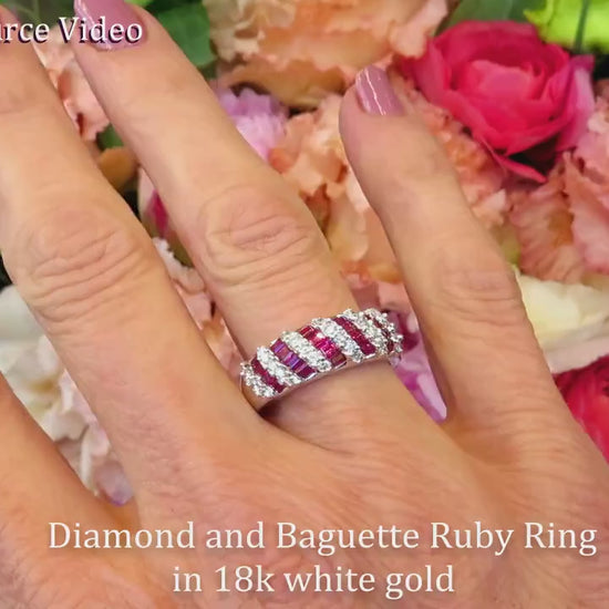 Natural Ruby Fashion Ring with Baguette Rubies and Round Diamonds in 18k white gold (item GR-5101)