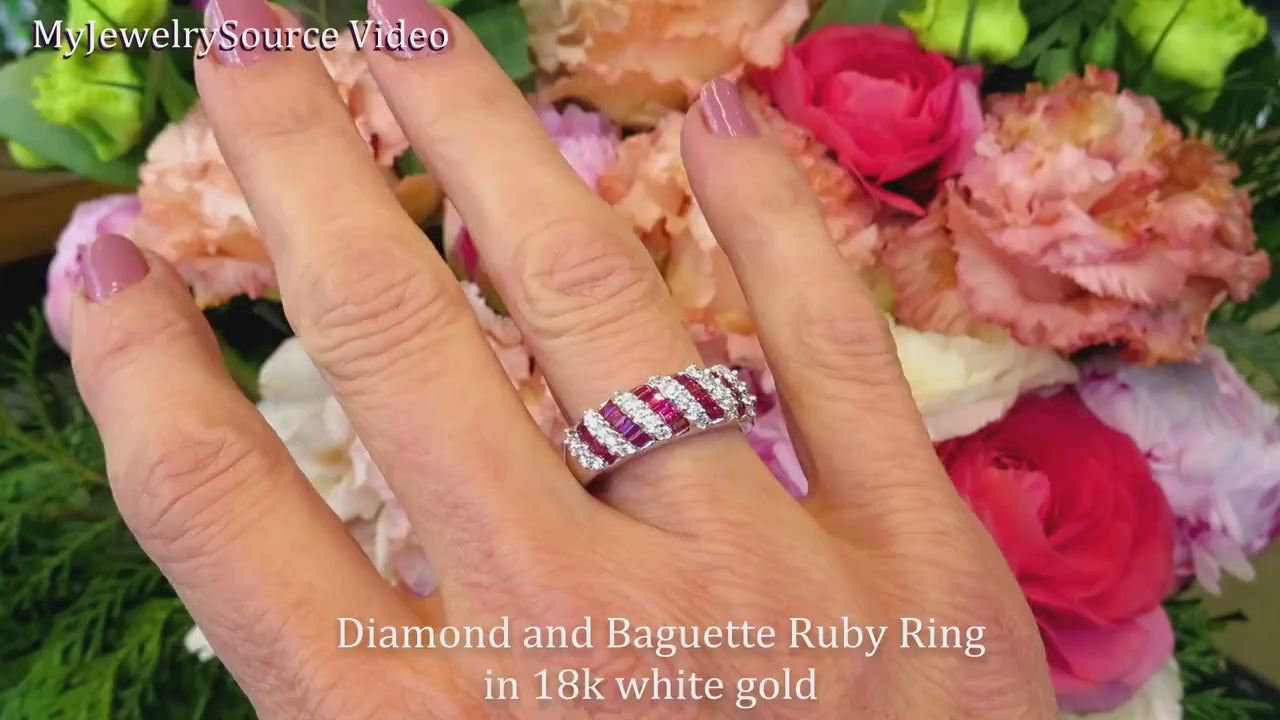 Natural Ruby Fashion Ring with Baguette Rubies and Round Diamonds in 18k white gold (item GR-5101)