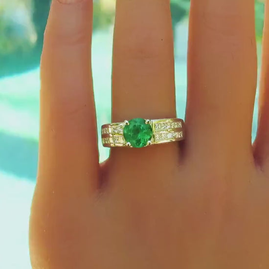Round Natural Emerald Rings with Real Diamonds set in 18k white gold for sale (E-5769)