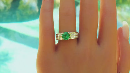 Round Natural Emerald Rings with Real Diamonds set in 18k white gold for sale (E-5769)