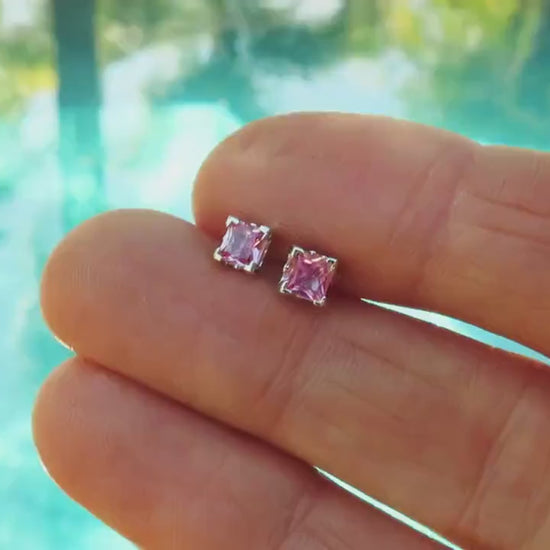 Princess Cut Natural Pink Sapphire Solitaire Earrings in 14k white gold (SSE-5056)