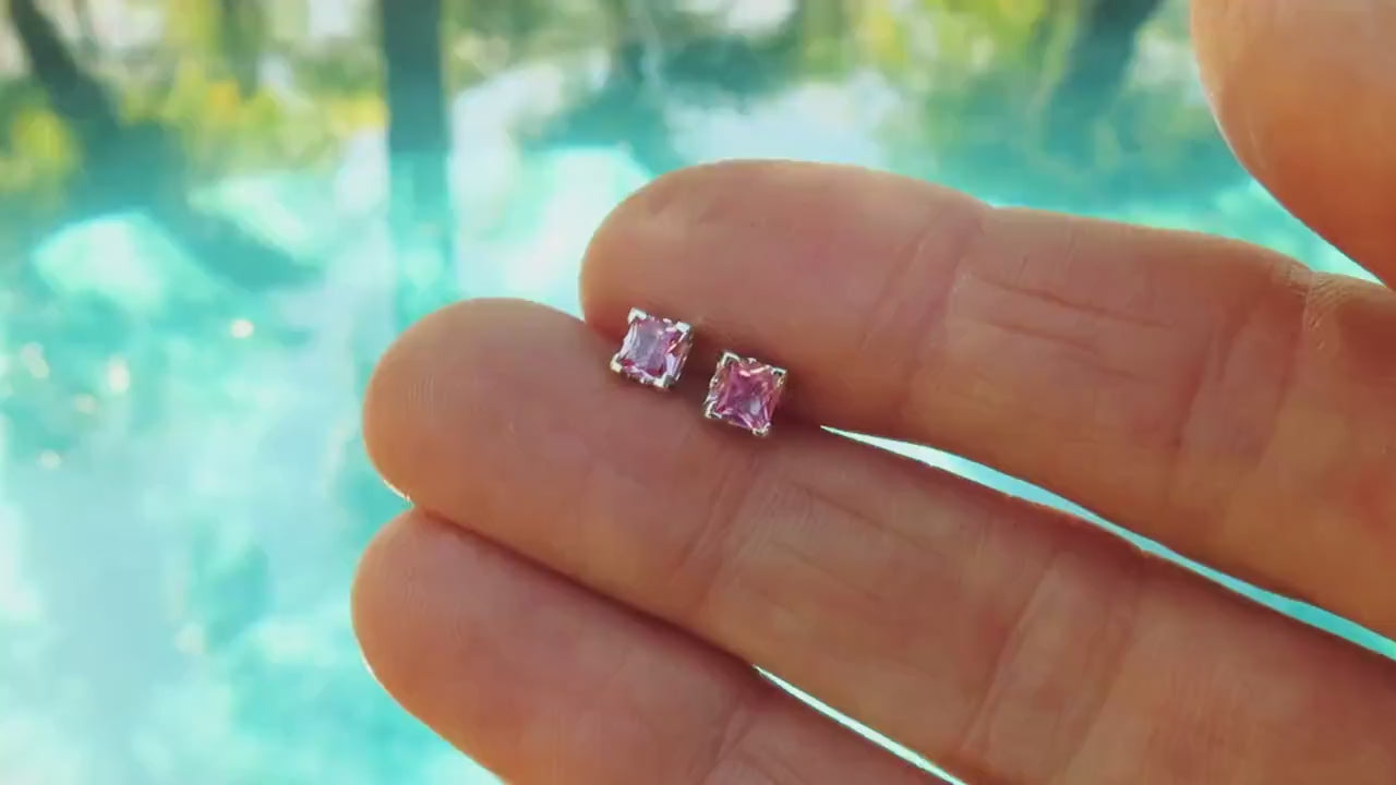 Princess Cut Natural Pink Sapphire Solitaire Earrings in 14k white gold (SSE-5056)
