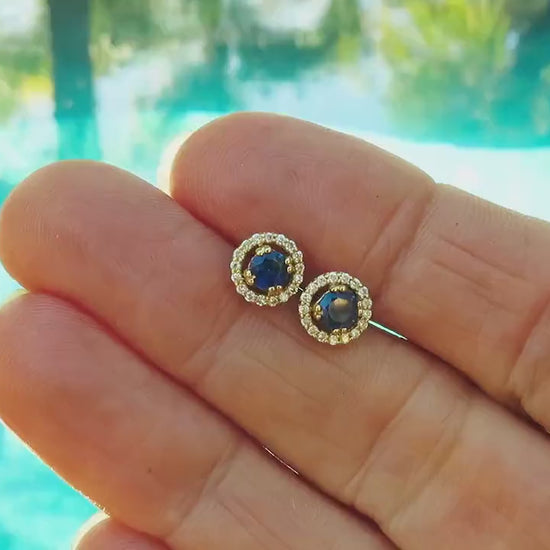 Petite Ceylon Natural Blue Sapphire Diamond Earrings in 14k yellow gold (SSE-5107)