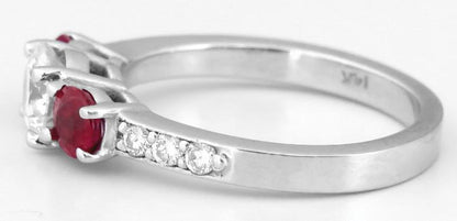 Real Diamond & Genuine Ruby Ring - Round Diamond and Natural Round Ruby Ring in in solid 14k white gold
