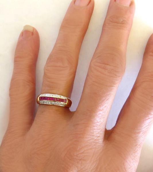 Channel Set Natural Ruby Band Ring with Diamond Accents in solid 14k yellow gold for sale