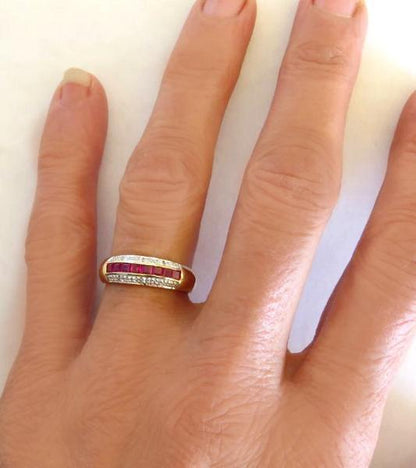 Channel Set Natural Ruby Band Ring with Diamond Accents in solid 14k yellow gold for sale
