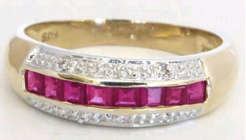 Channel Set Natural Ruby Band Ring with Diamond Accents in solid 14k yellow gold for sale
