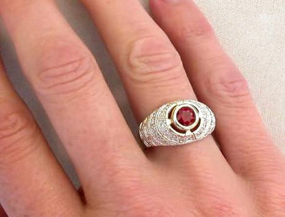 Genuine Round Ruby Ring with Antique Style Setting, Bead Set Diamondsa and Milgrain Edging in 18k white gold with 18k yellow gold bezel