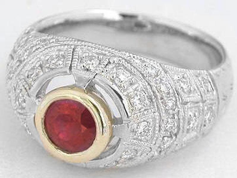 Ruby Statement Ring with Bezel Set Natural Ruby and Bead Set Diamonds in 18k white gold