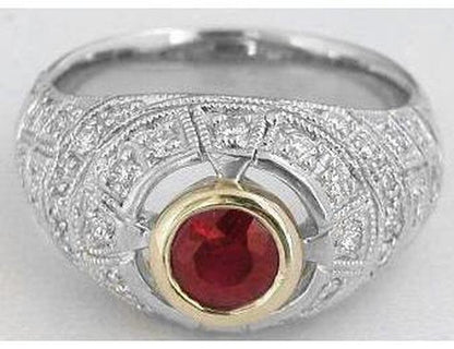 Genuine Round Ruby Ring with Antique Style Setting, Bead Set Diamondsa and Milgrain Edging in 18k white gold with 18k yellow gold bezel