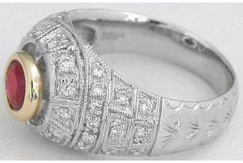 Natural Round Ruby Ring- Vintage Style Milgrain Edging Bezel Set in 18k white gold