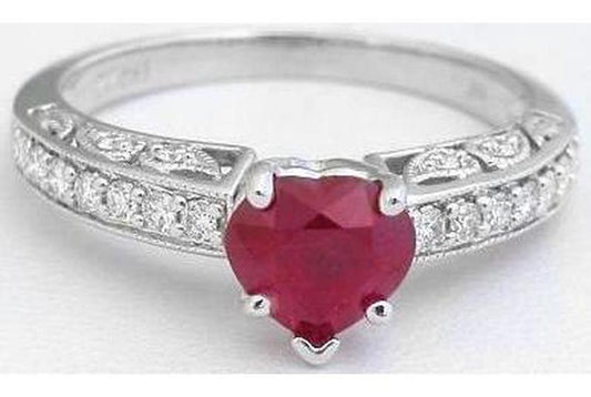 Ruby Engagement Ring -Natural Heart Shape Burmese Ruby and Diamond Engagement Ring in 14k white gold