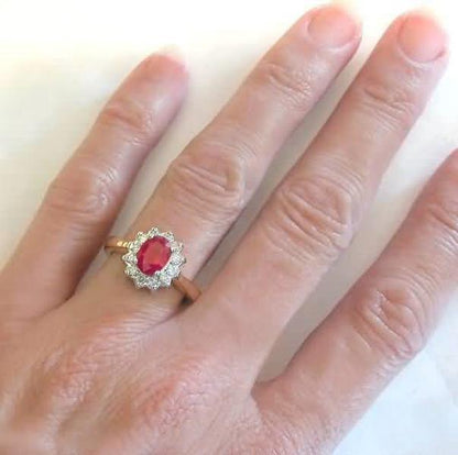 Fine Quality Ruby Ring - Natural Oval Ruby with Diamond Halo Setting in two tone 14k yellow and white gold
