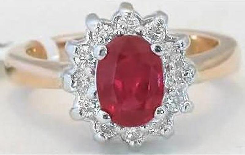 Fine Quality Ruby Ring - Natural Oval Ruby with Diamond Halo Setting in two tone 14k yellow and white gold