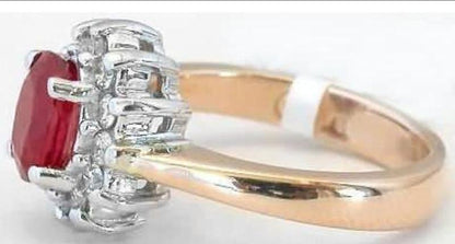 Oval Ruby Ring - Princess Diana Style with Diamond Halo in 14k white and yellow gold