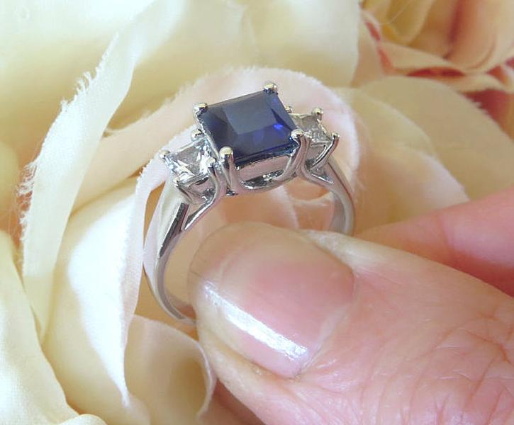 Sapphire Three Stone Ring - Natural Princess Blue Sapphire and Princess White Sapphire Engagement Ring in solid 14k white gold for sale