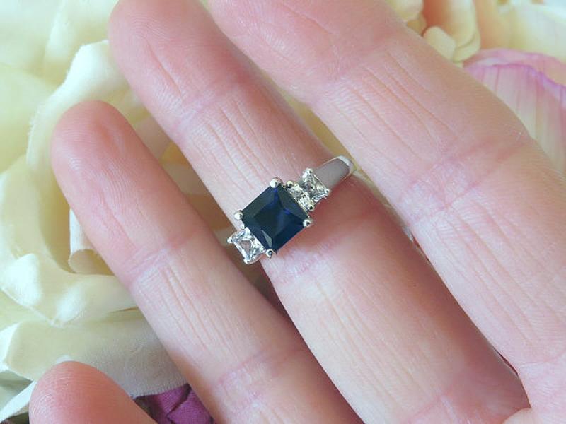 Natural Princess Cut Blue Sapphire and Princess Cut White Sapphire Three Stone Engagement Ring in solid 14k white gold for sale