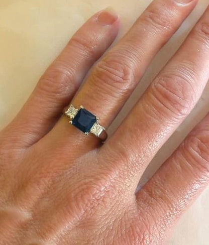 Natural Princess Blue Sapphire and Princess White Sapphire Engagement Ring in solid 14k white gold
