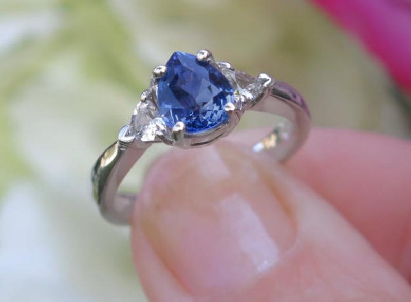 Natural Pear Sapphire 3 Stone Engagement Ring with White Sapphire Side Stones in 14k white gold for sale