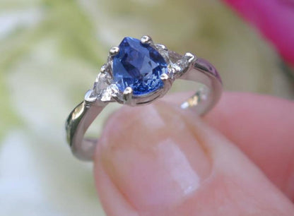 Natural Pear Sapphire 3 Stone Engagement Ring with White Sapphire Side Stones in 14k white gold for sale