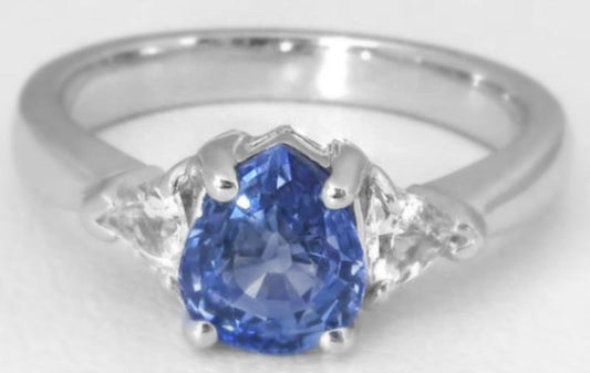 Pear Blue and White Trillion Sapphire Three Stone Ring in 14k white gold