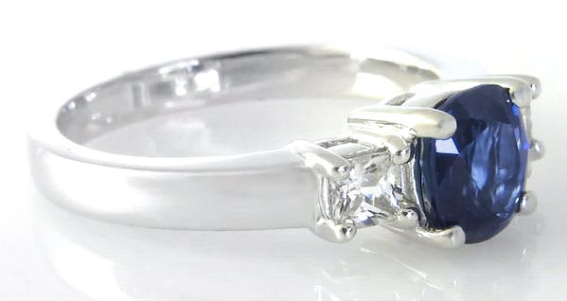 Natural Cushion Blue and Princess White Sapphire Three Stone Engagement Ring in 14k white gold