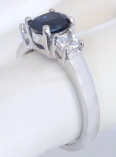 Natural Cushion Dark Blue and Princess White Sapphire Three Stone Ring in 14k white gold