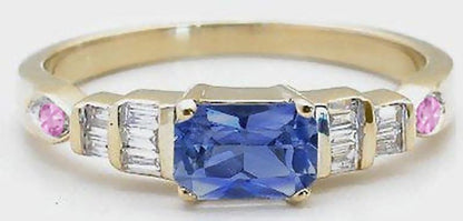 Radiant cut natural blue sapphire ring in 14k yellow gold