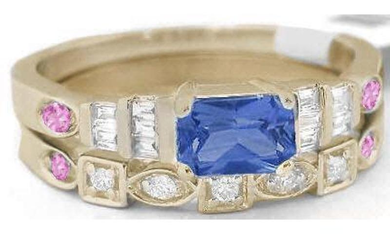 Real Diamond Wedding Band with Natural Pink Sapphires in solid 14k yellow gold