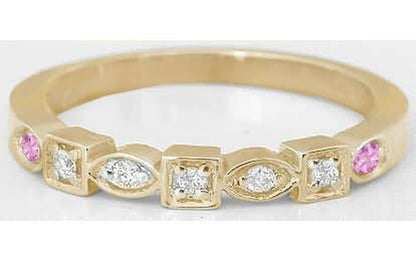 Real Diamond Wedding Band with Natural Pink Sapphires in solid 14k yellow gold
