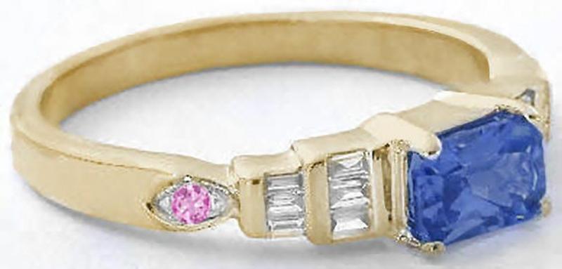 0.82 ctw Natural Blue Sapphire, Pink Sapphire and Baguette Diamond Ring in 14k yellow gold